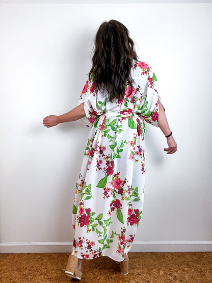Print High Low Kimono Ivory Red Green Floral Georgette