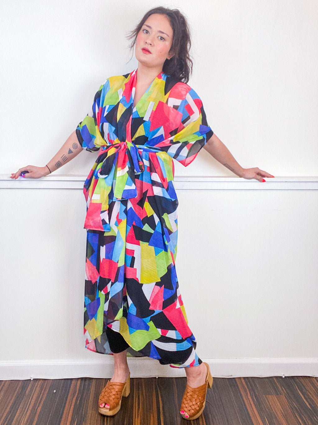 Print High Low Kimono Multicolor Abstract Crinkle Chiffon