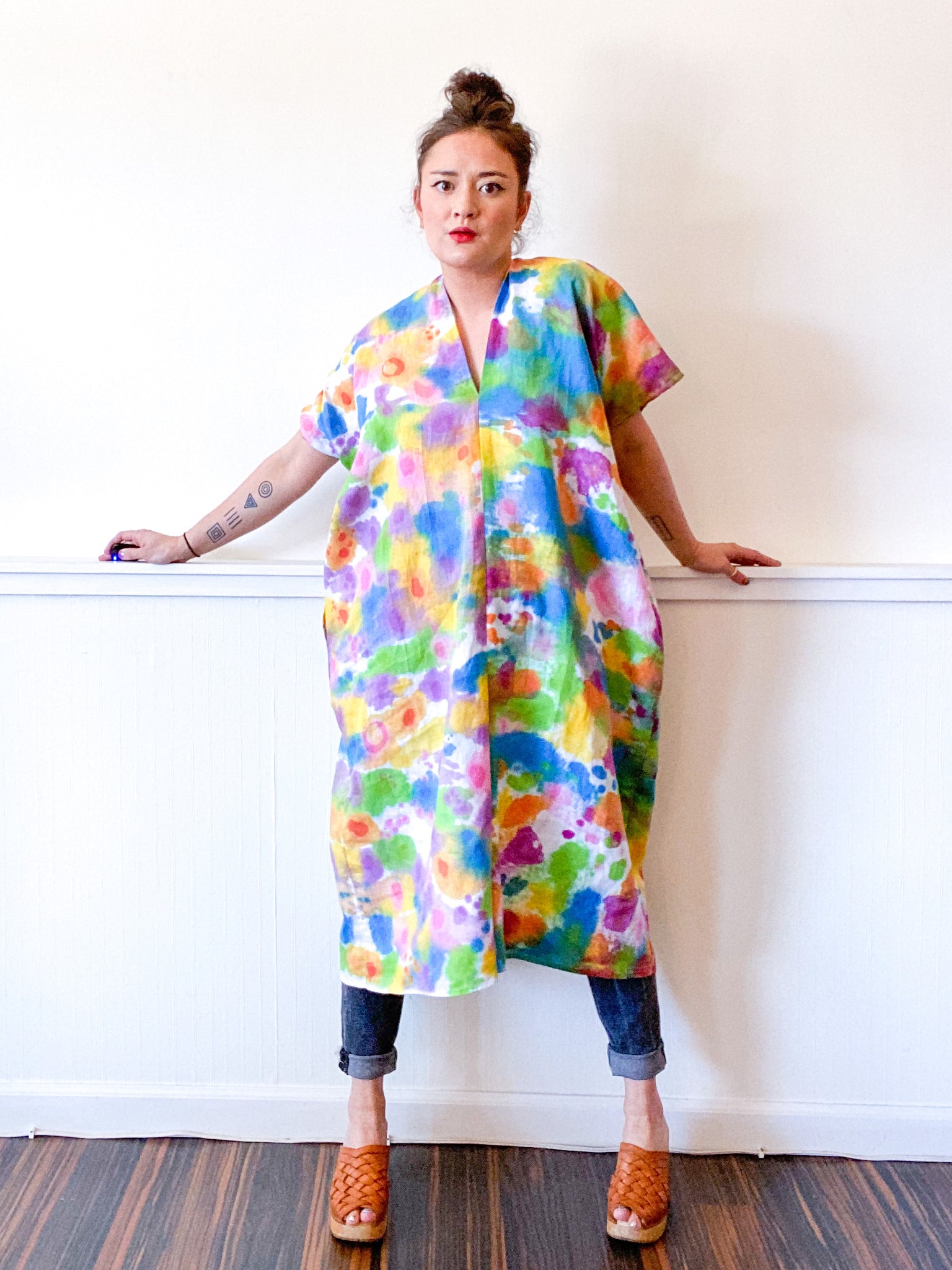Hand-Dyed Linen Smock Dress Rainbow Watercolor