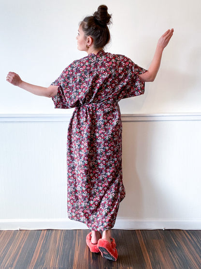Print High Low Kimono Navy Fuchsia Green Floral Crepe de Chine