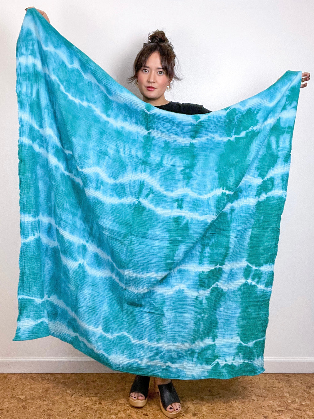 Hand-Dyed Double Gauze Blanket Scarf Aqua Lines