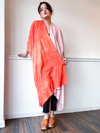 Limited Edition Hand-Dyed High Low Kimono Two Tone Powder Pink Tangerine
