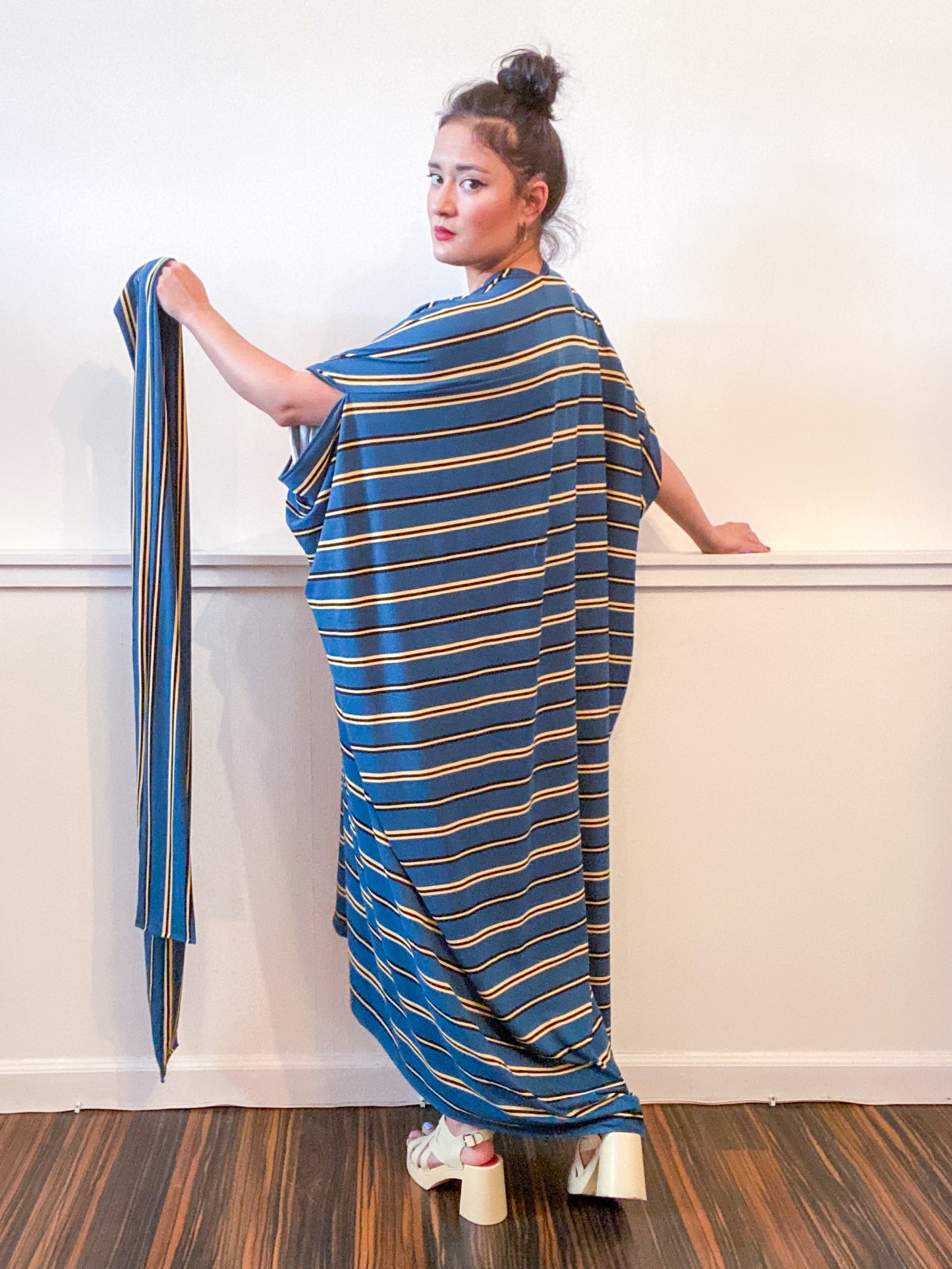 Print High Low Kimono Teal Stripes Knit