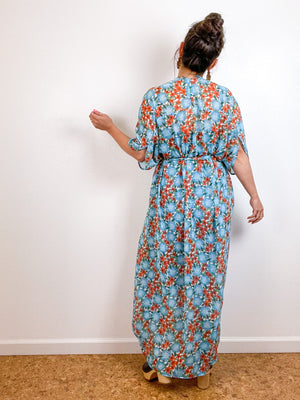 Print High Low Kimono Turquoise Pansy Floral Chiffon