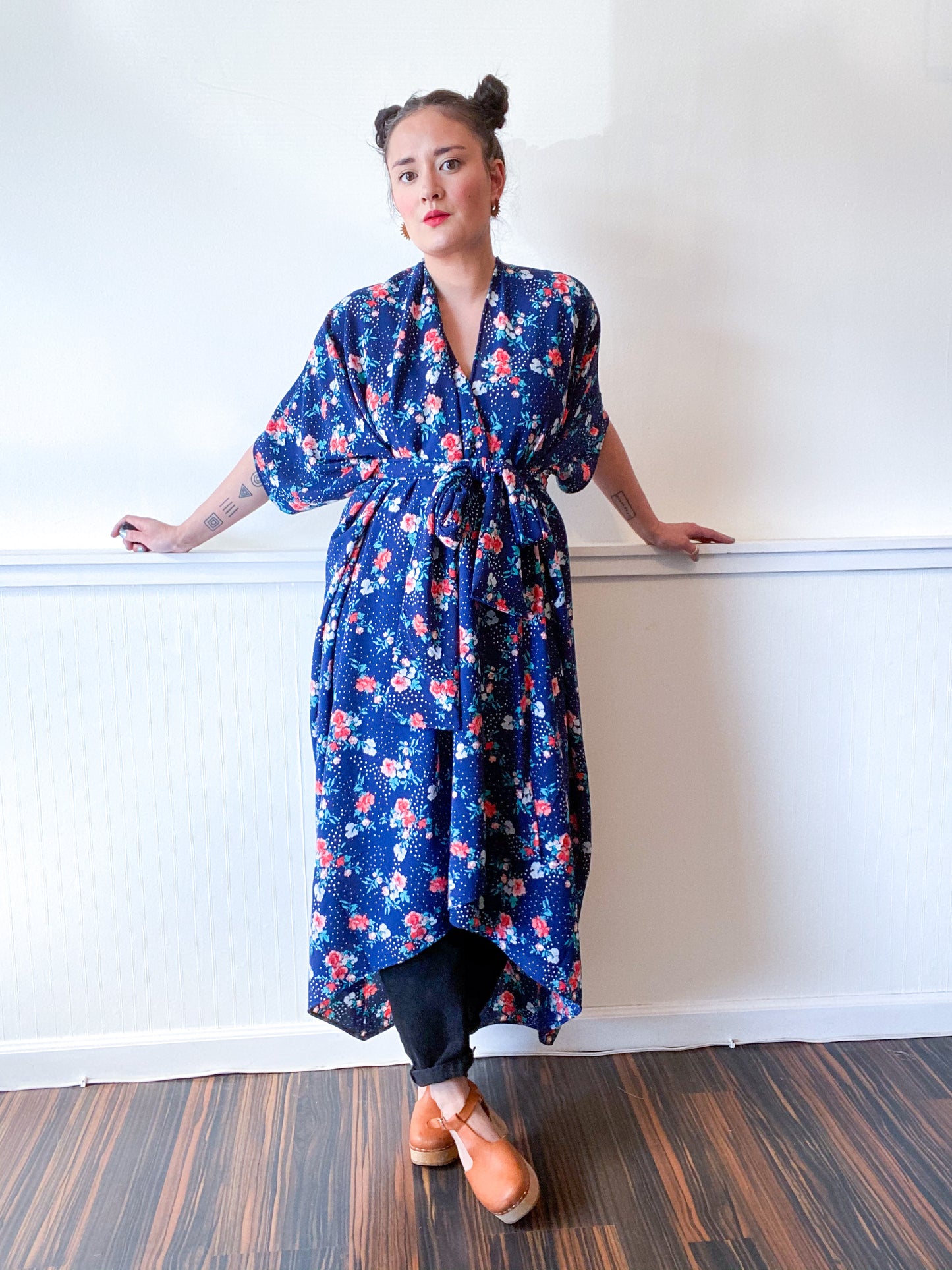 High Low Kimono Navy Coral Floral Bubble Crepe