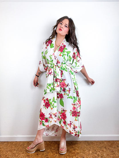 Print High Low Kimono Ivory Red Green Floral Georgette