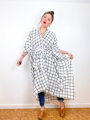 High Low Kimono White Black Windowpane Rayon Challis