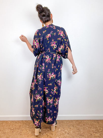 Print High Low Kimono Navy Floral Bouquet Bubble Crepe