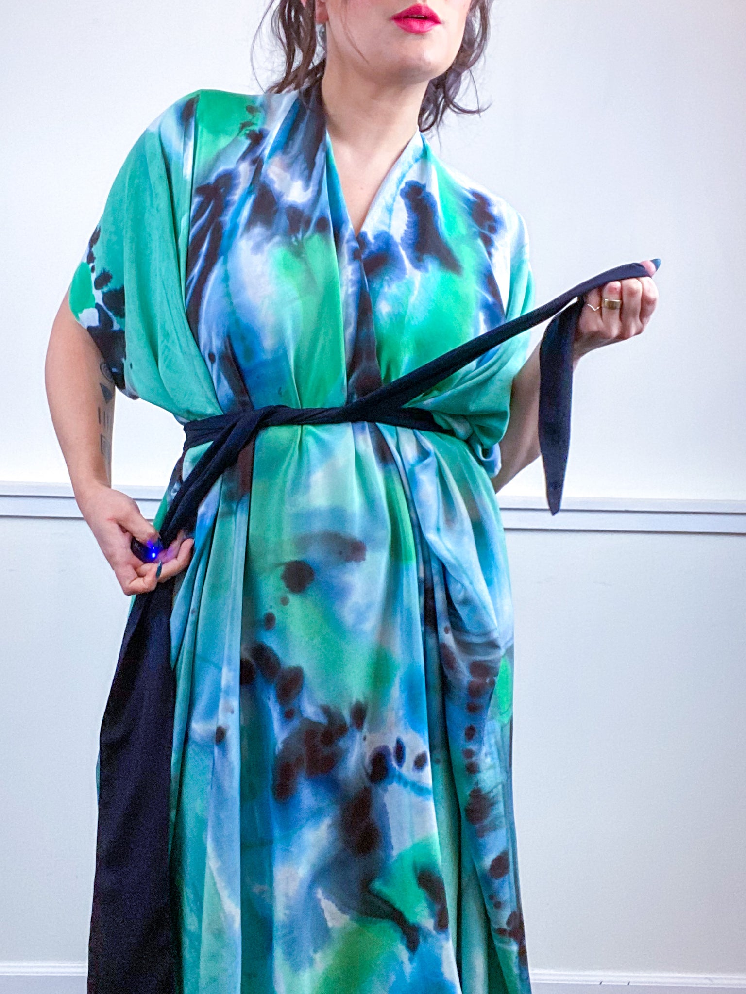 OOAK Hand-Dyed High Low Kimono Green Blue Watercolor Brushstroke
