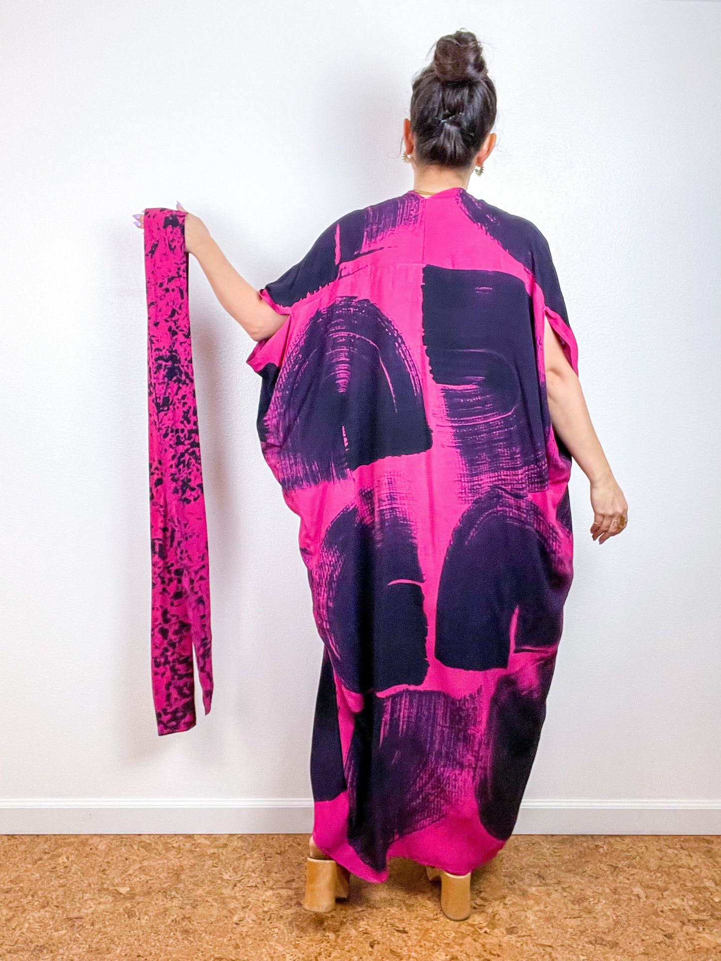 Hand-Dyed High Low Kimono Fuchsia Black Brushstroke