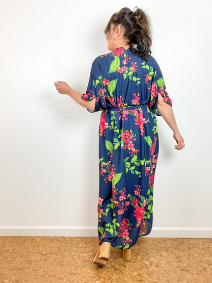 Print High Low Kimono Navy Floral Georgette