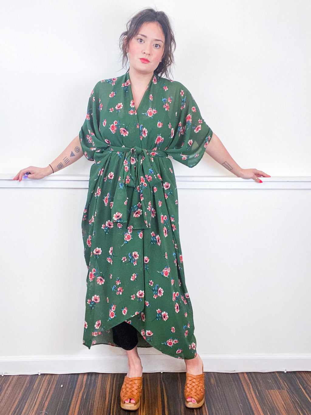 Print High Low Kimono Green Floral Georgette