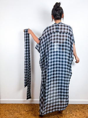 Print High Low Kimono Black Grey Checker Chiffon