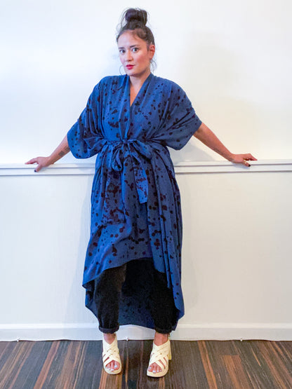 Hand-Dyed High Low Kimono Navy Black Pink Drops