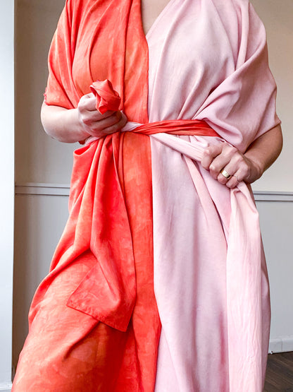 Limited Edition Hand-Dyed High Low Kimono Two Tone Powder Pink Tangerine