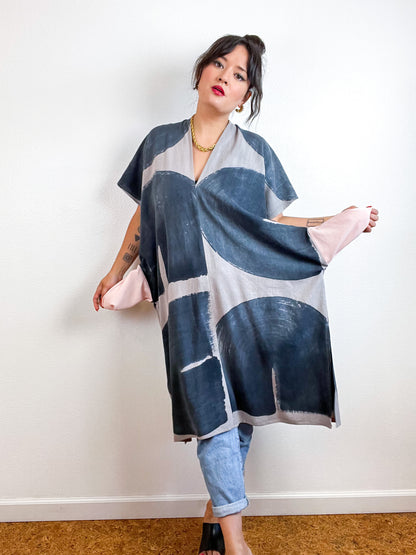 Hand-Dyed Midi Smock Dress Cocoa Graphite Brush