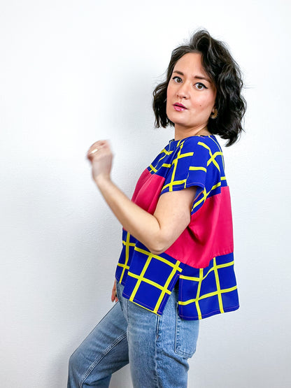 Scrappy Crop Blue Yellow Pink Grid
