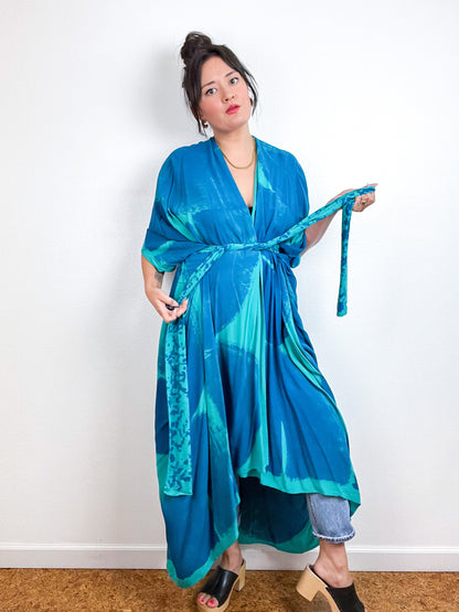 Hand-Dyed High Low Kimono Teal Blue Brushstroke