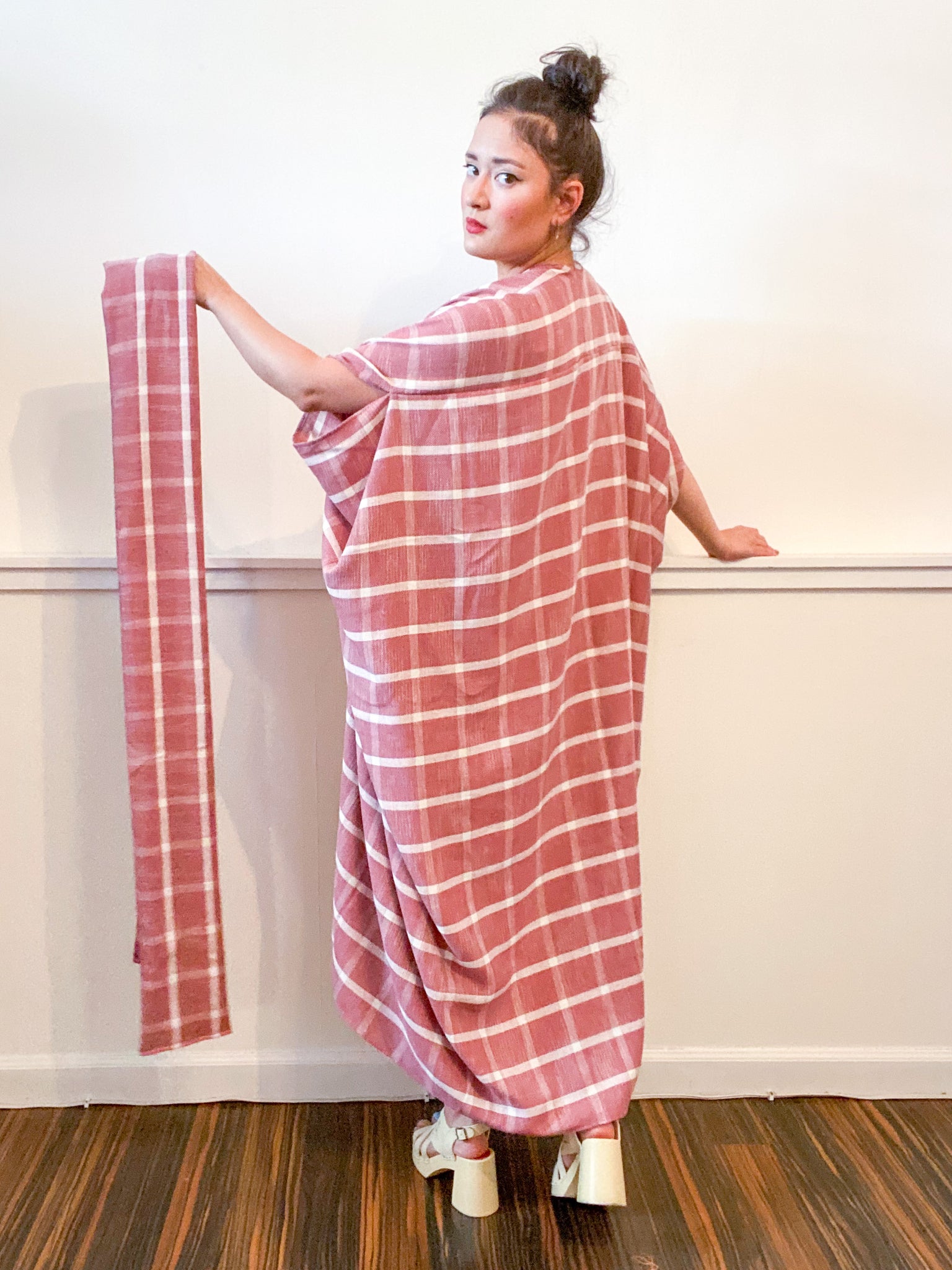 Print High Low Kimono Clay Plaid Rayon Woven
