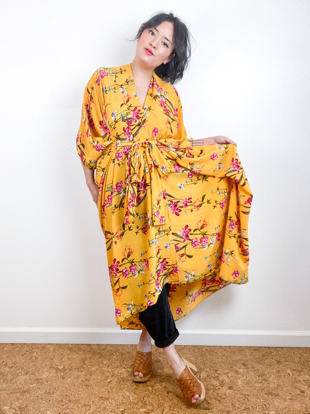 Print High Low Kimono Marigold Floral Bubble Crepe