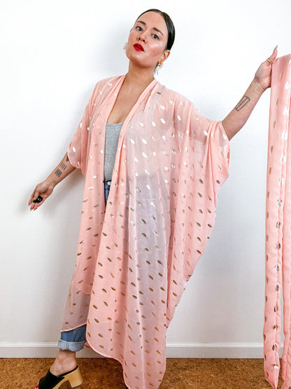 Print High Low Kimono Blush Gold Leaf Chiffon