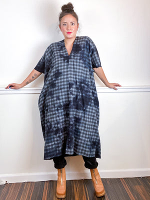 Over-Dye Plaid Smock Dress Grey Black Midi