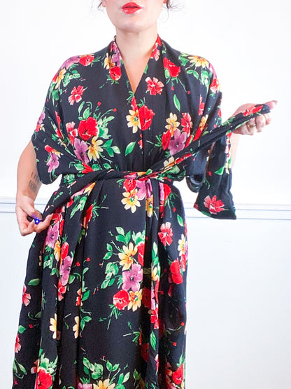 Print High Low Kimono Black Red Floral Rayon Challis