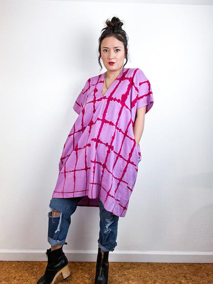 Hand-Dyed Mini Smock Dress Lilac Fuchsia Windowpane