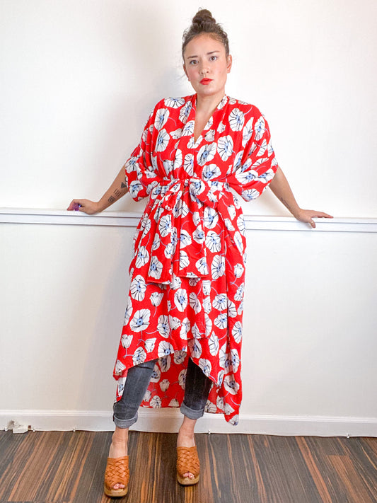 Print High Low Kimono Red Poppies Rayon Challis
