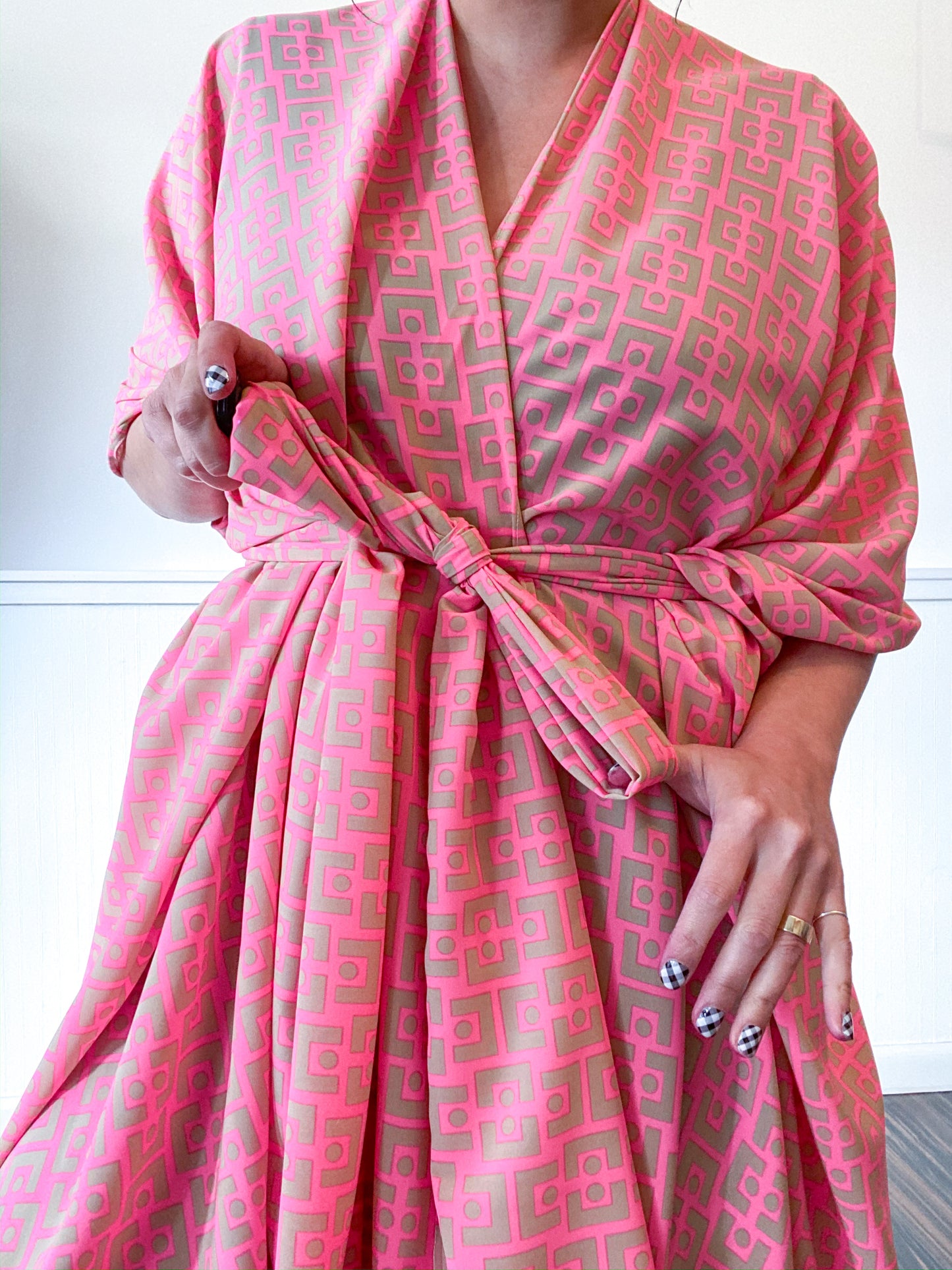 Print High Low Kimono Peach Tan Mid Century Mod