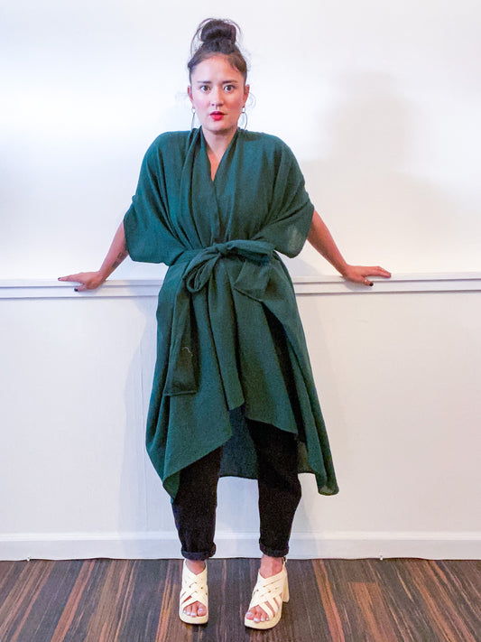 Solid High Low Kimono Hunter Green Cotton Gauze
