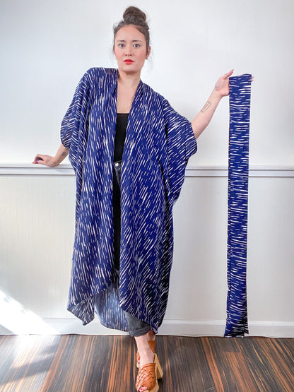 Print High Low Kimono Navy Lines Challis