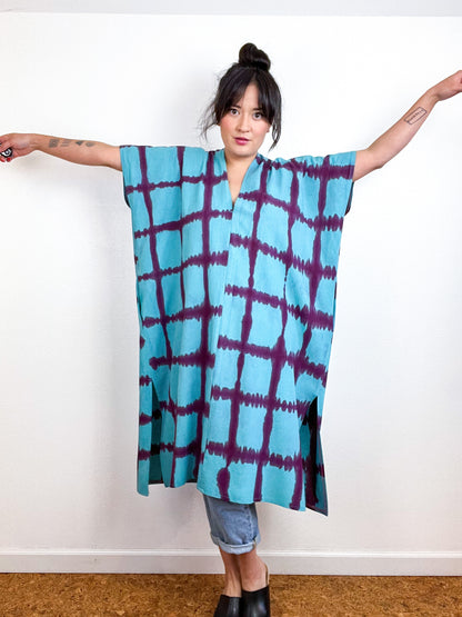 Hand-Dyed Midi Smock Dress Turquoise Maroon Windowpane