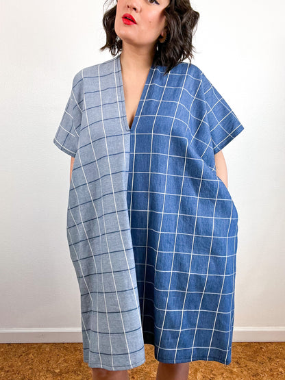 Chambray Windowpane Mini Smock Dress Two Tone
