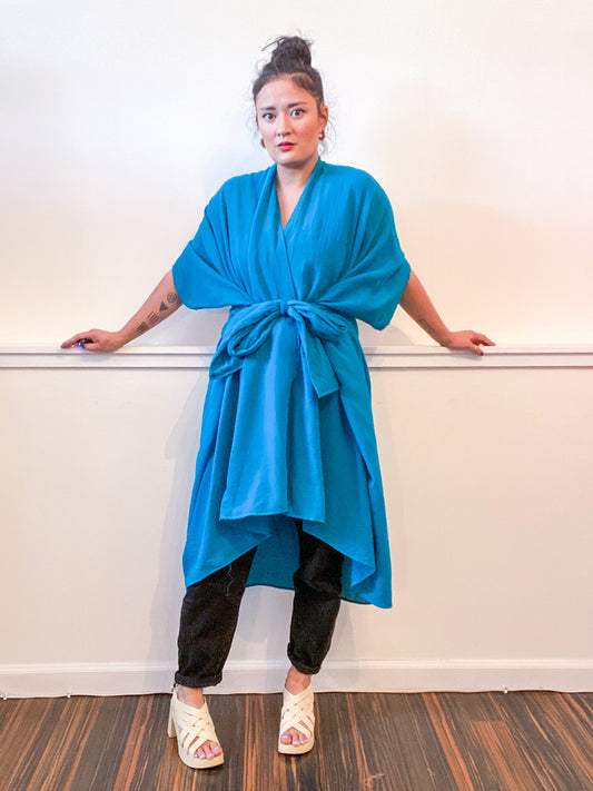 Solid High Low Kimono Turquoise Cotton Gauze