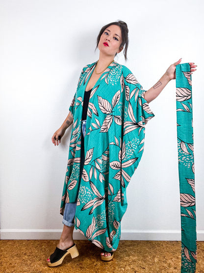 Print High Low Kimono Green Tan Leaves Challis