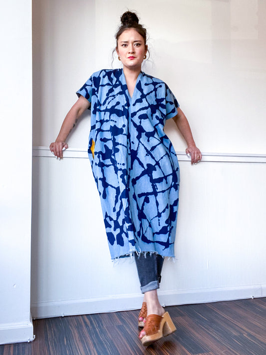 Denim Midi Smock Dress Indigo Lines Size Medium