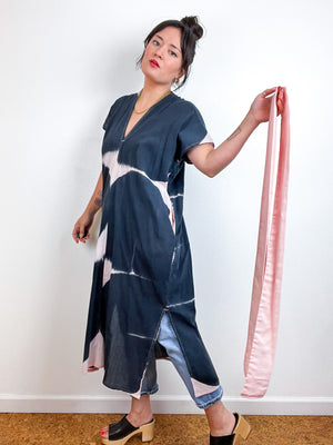 Single Gauze Midi Caftan Dress Blush Graphite Brushstrokes