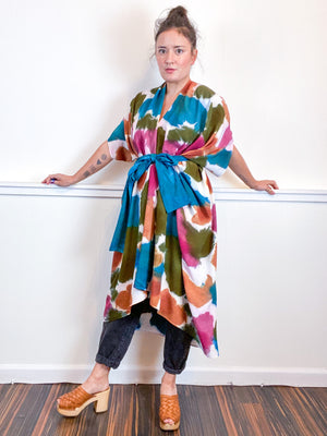 OOAK Hand-Dyed High Low Kimono Teal Terracotta Maroon Moss Inkblot