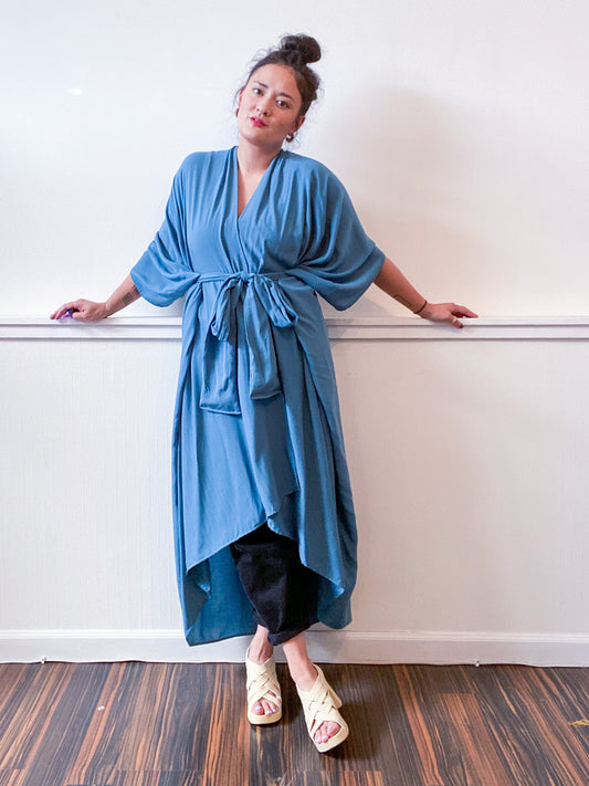Solid High Low Kimono Dusty Teal Rayon Challis
