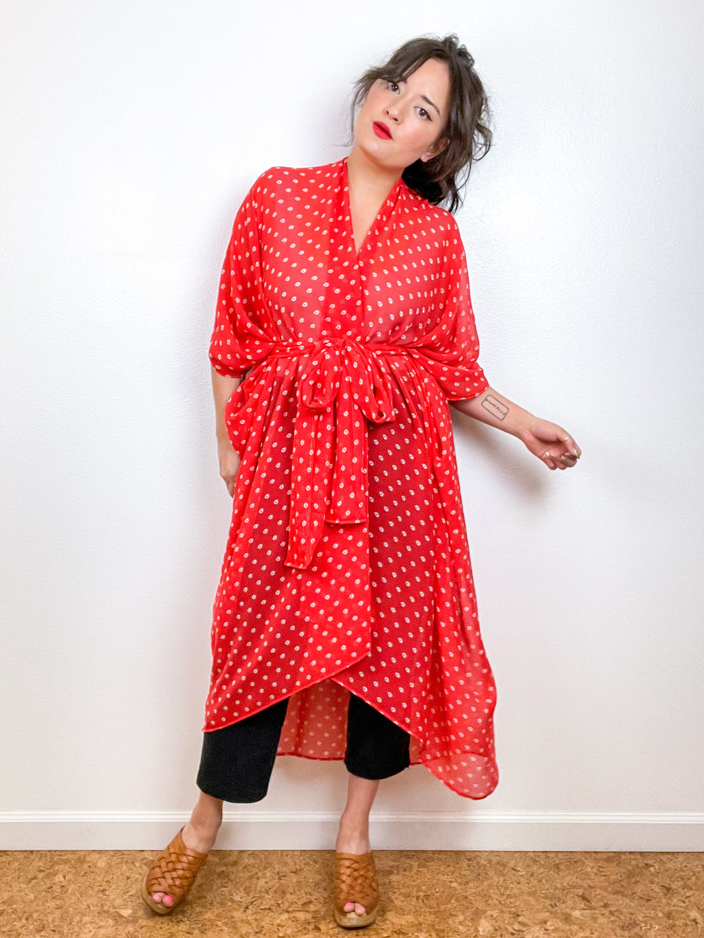 Print High Low Kimono Scarlet Circles Crinkle Chiffon