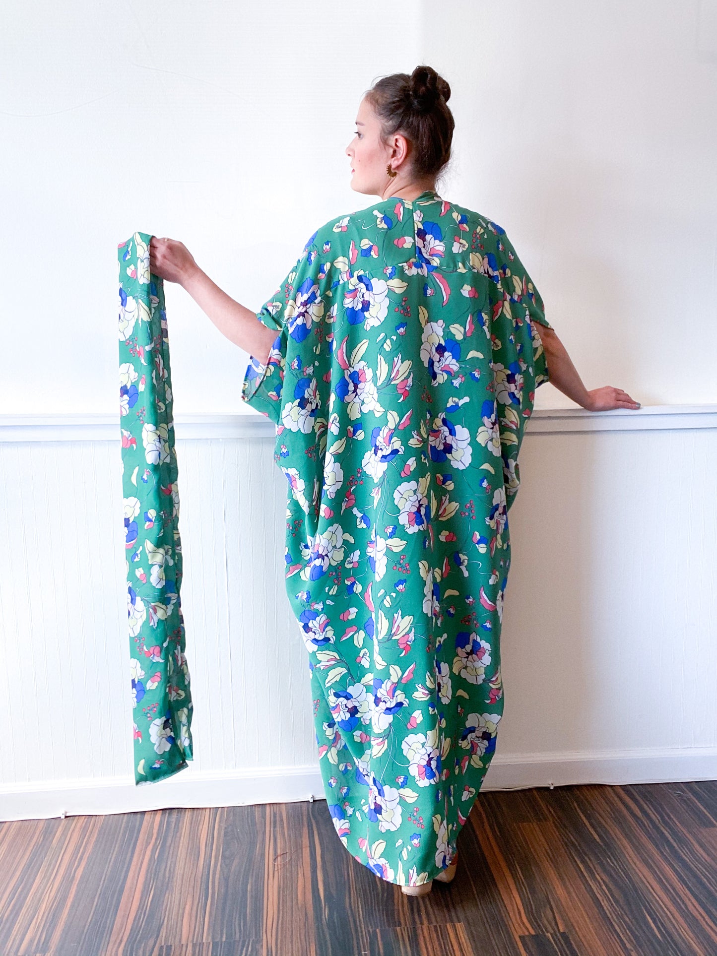 Print High Low Kimono Green Floral Georgette