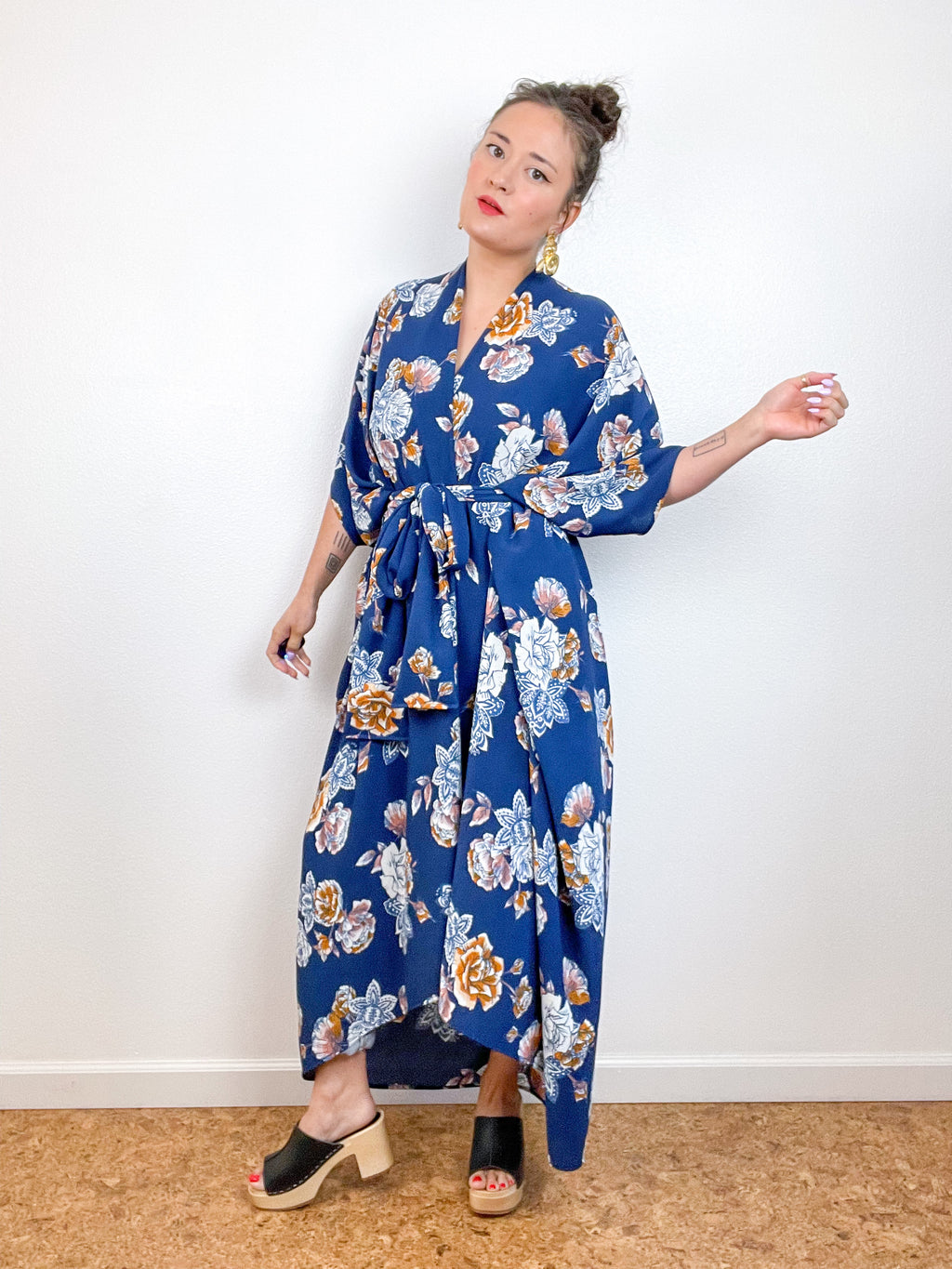 Print High Low Kimono Navy Fall Floral Bubble Crepe