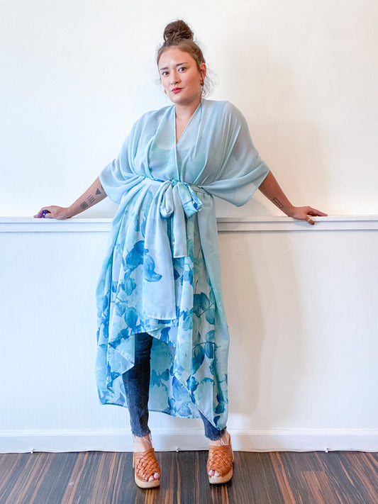 Print High Low Kimono Aqua Ombré Floral Chiffon