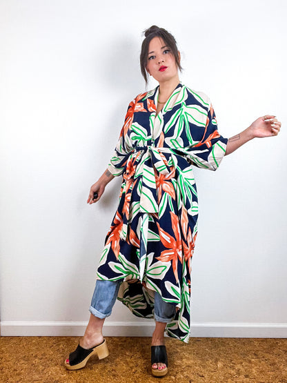 Print High Low Kimono Navy Green Rust Large Floral Challis