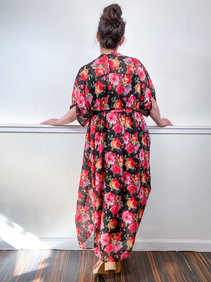 Print High Low Kimono Black Red Rose Floral Chiffon