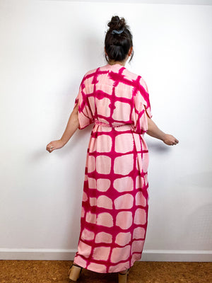 Hand-Dyed High Low Kimono Peach Fuchsia Windowpane