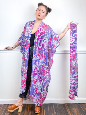 Print High Low Kimono Purple Paisley Chiffon