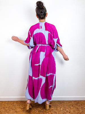 Hand-Dyed High Low Kimono Blue Amethyst Brushstroke