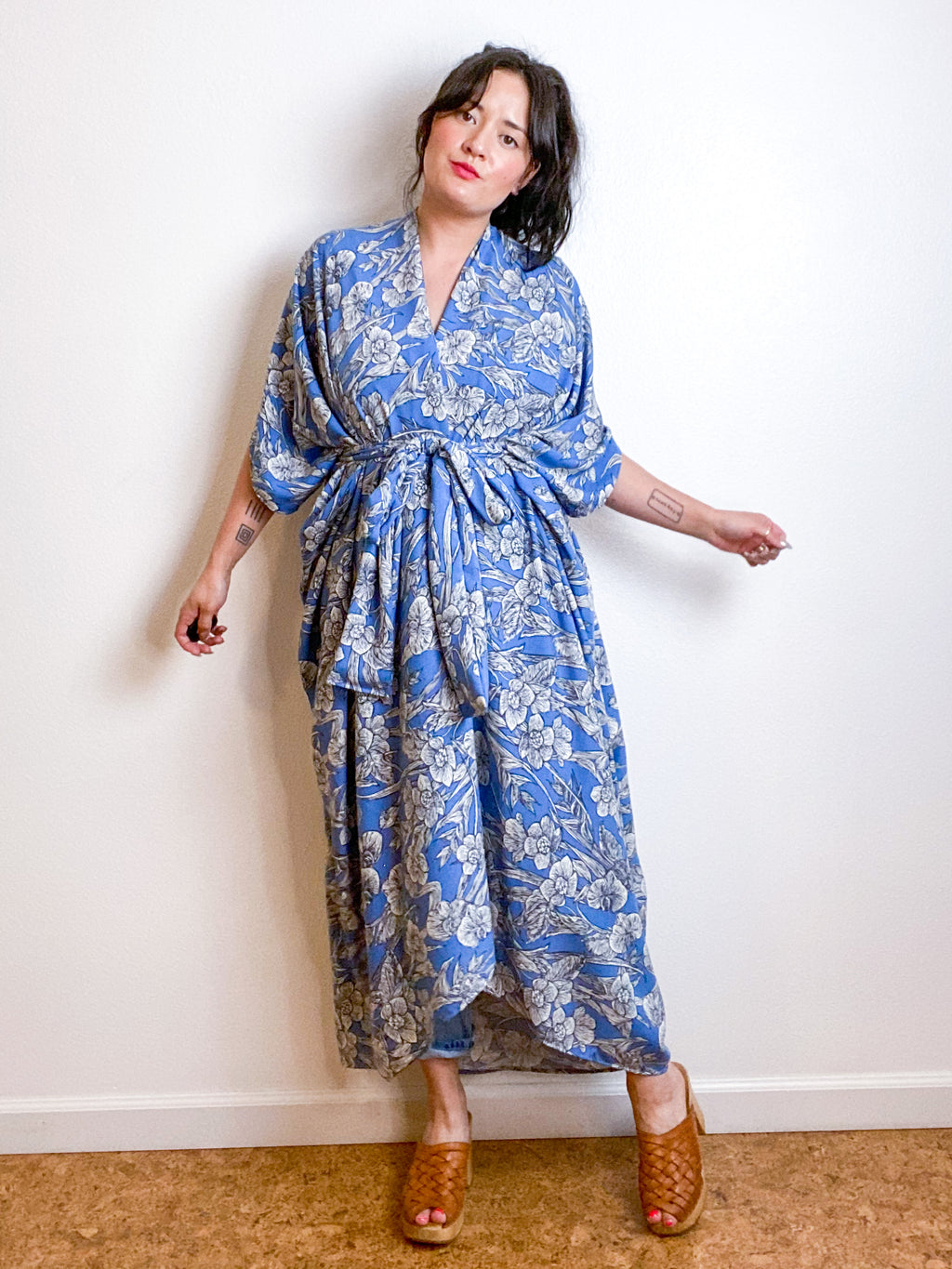 Print High Low Kimono Blue Floral Challis